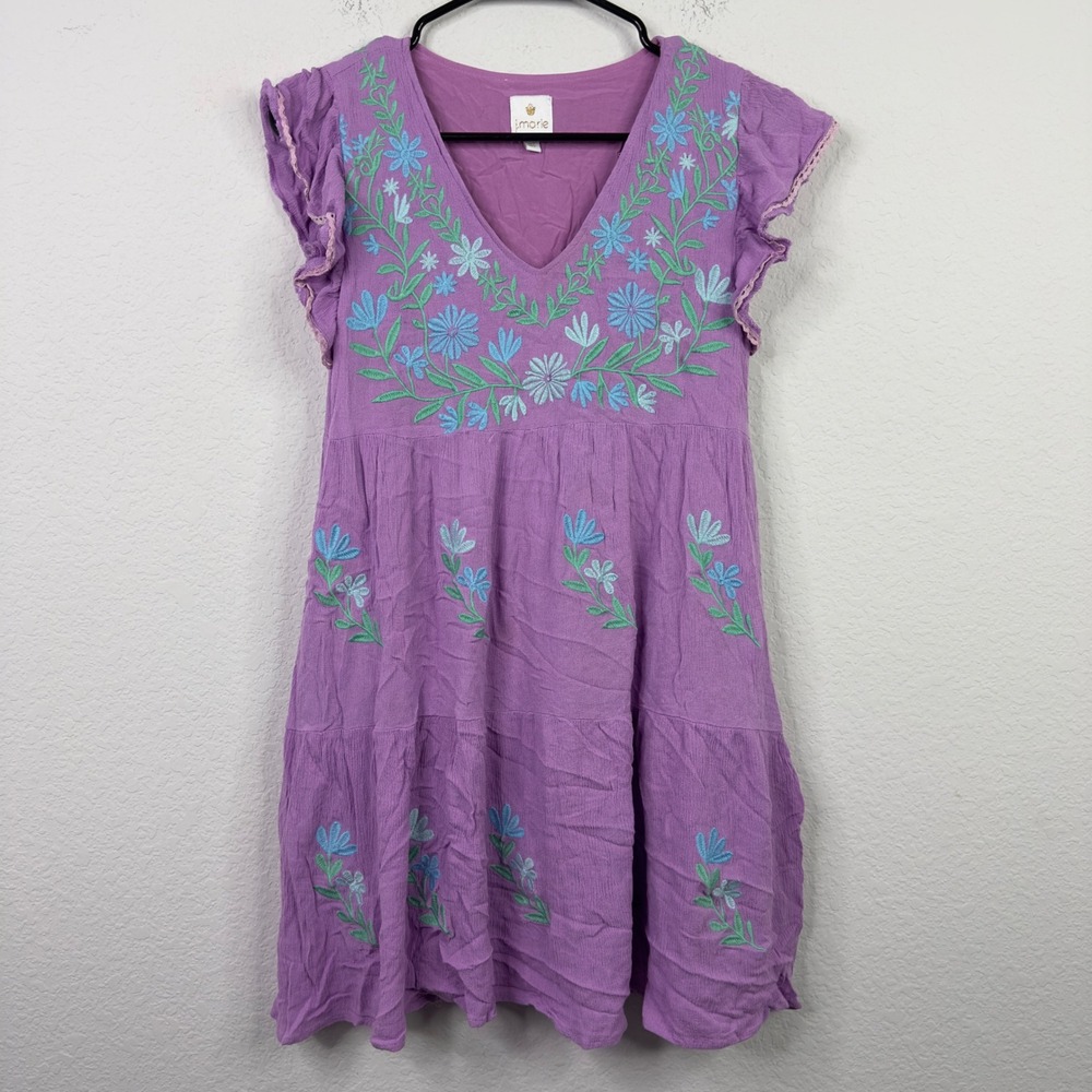 J. Marie Dress Womens XS Purple Embroidered Floral Tiered Boho Fairy Whimsical‎